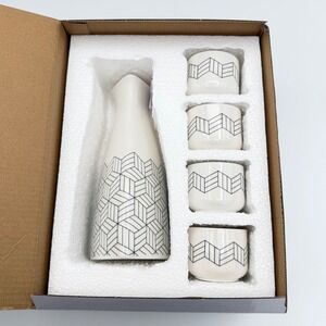 Short Stories Sake Set Carafe & 4 Cups Ceramic 14oz Modern Geometric